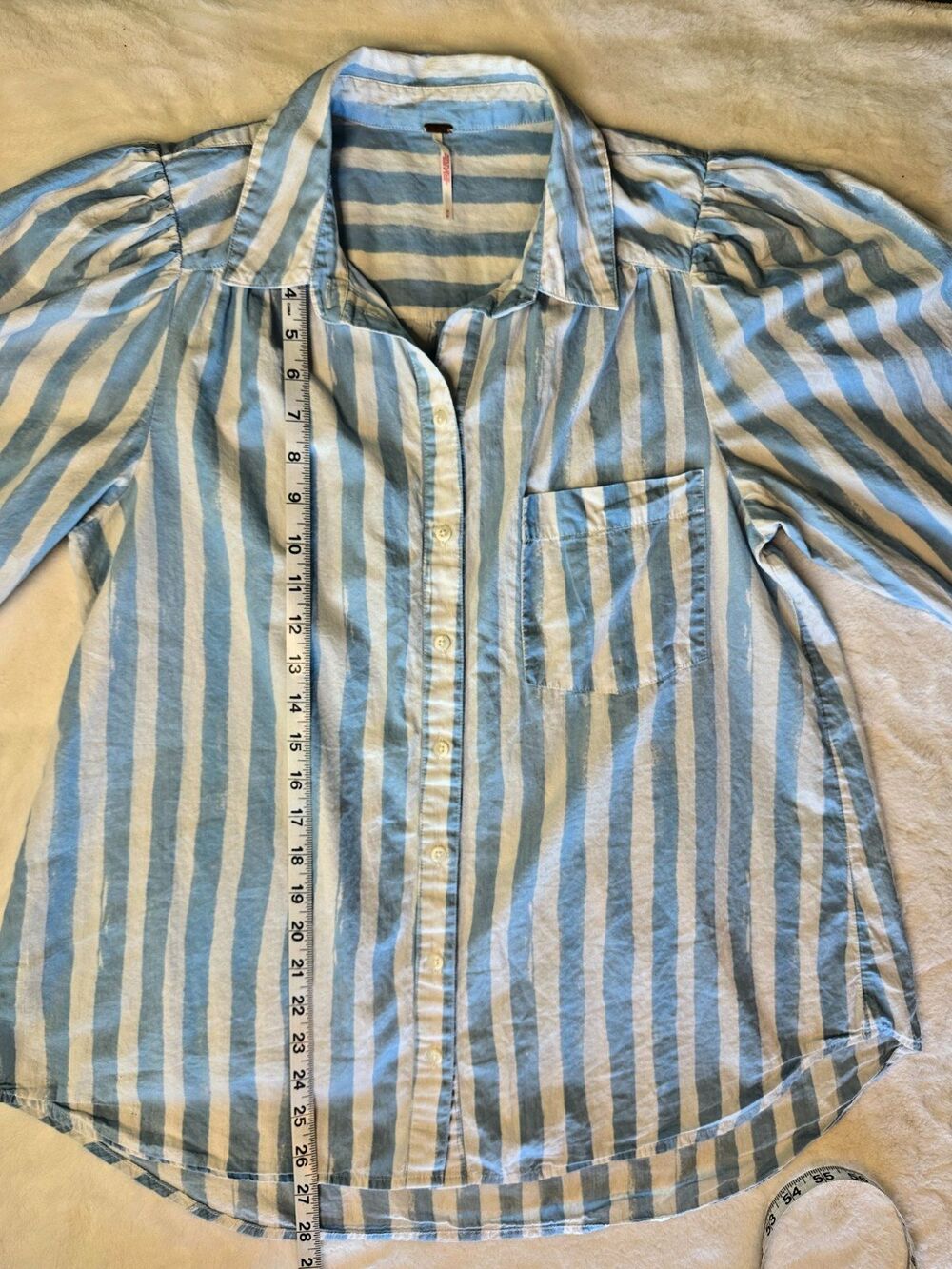 Free People Oversized Striped Button Down Shirt Puff Sleeves Medium Relaxed Boho - Picture 5 of 6